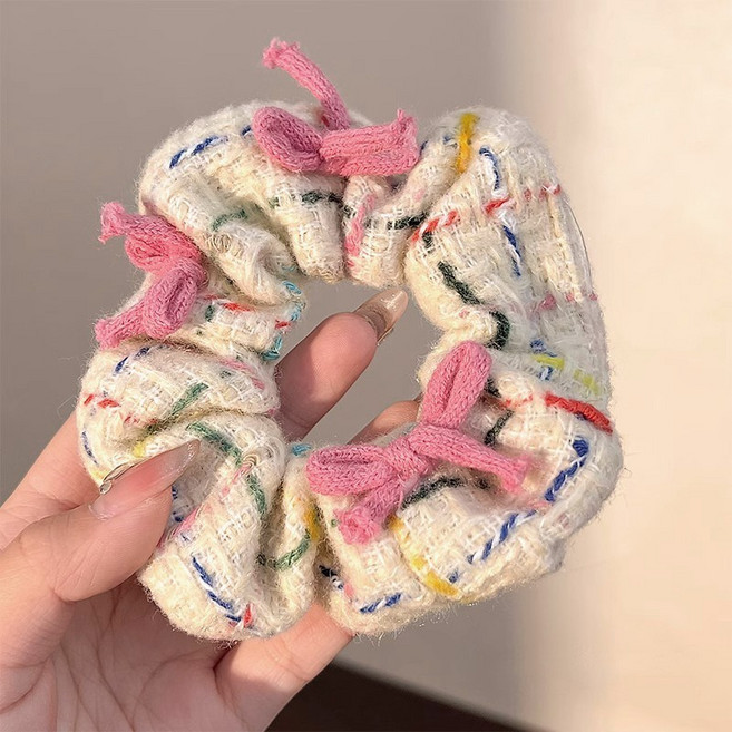 韓系小清新珍珠網紗大腸髮圈溫柔蝴蝶結紮發頭繩可愛甜美髮繩頭飾1491C 絲帶蝴蝶結髮圈默認顏色