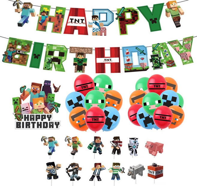마인크래프트 게임 캐릭터 생일파티 풍선 가랜드 세트 게임 테마 생일파티 장식 세트 마인크래프트 풍선 가랜드 세트, 마인크래프트 생일파티 장식 세트