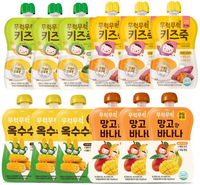 무럭무럭 키즈죽 과일퓨레 알뜰 12팩(옥수수 단호박 고구마 망고바나나 각 3팩), 100g