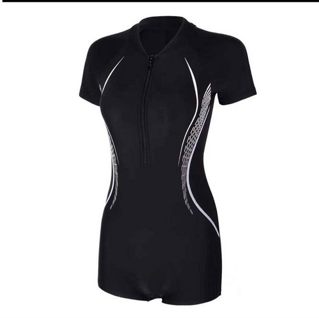 游泳衣女專業運動新款連體平角舒適保守遮肚顯瘦大碼拉鍊溫泉泳裝, XL