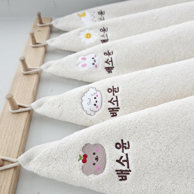 쁘띠맘 무염핸드타올(5장) 어린이집수건 40수 코마사 이름자수 고리수건 네임수건 타올 수건 유치원수건 영신타올, 1세트, 무염핸드-동물세트
