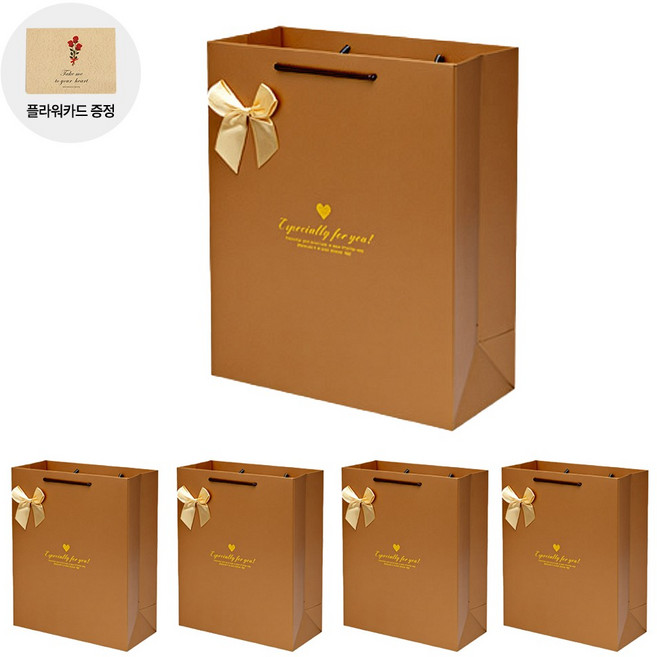 VITALO 클래식 리본 쇼핑백 5P 답례품 선물용 포장 가방 고급 종이백 (플라워카드 5개 지급), GD_골드