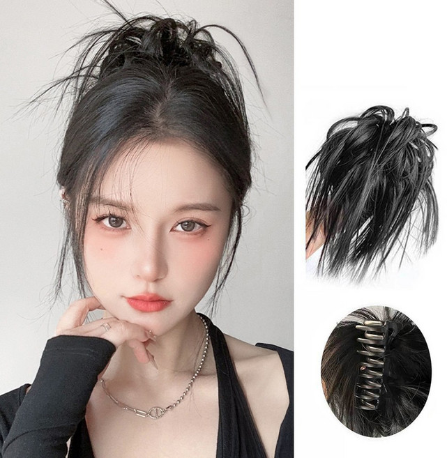 깃털 가시머리 가발 집게핀 슬릭번 까치머리 집게 가발 포니테일 붙임머리 부분가발, 블랙, 1개