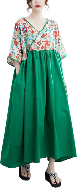 티티웍스 중년 여성 빅사이즈 여름 v넥 꽃무늬 배색 반팔 롱 원피스 드레스 지누시 생활한복 개량한복 스타일 휴양지 홈웨어 엄마옷 마담옷 아줌마옷 미시옷 할머니옷