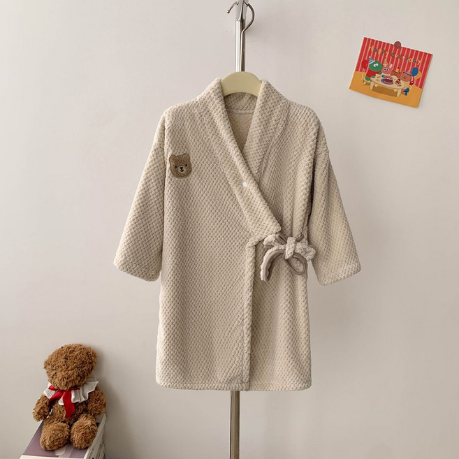 兒童珊瑚絨浴袍 秋冬季吸水保暖家居服, 1個, 卡其小熊120 建議110-120cm