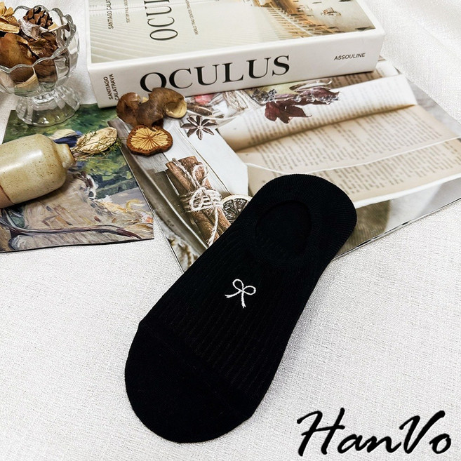 HanVo 蝴蝶結刺繡棉質隱形襪 甜美防滑淺口襪