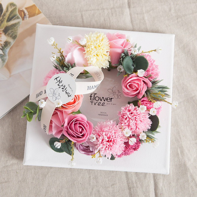 카네이션 조화 액자 리스 set 20cm 2컬러 꽃 어버이날 스승의날 벽 장식 벽걸이 감사 선물 행사, 핑크, 1개
