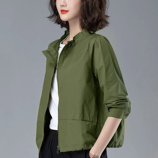 초가을 심플 크롭 트렌치 코트 중년여성 봄가을 차이나 넥 집업 무지 편안 엄마 베이직 바람막이 자켓 점퍼 재킷 잠바