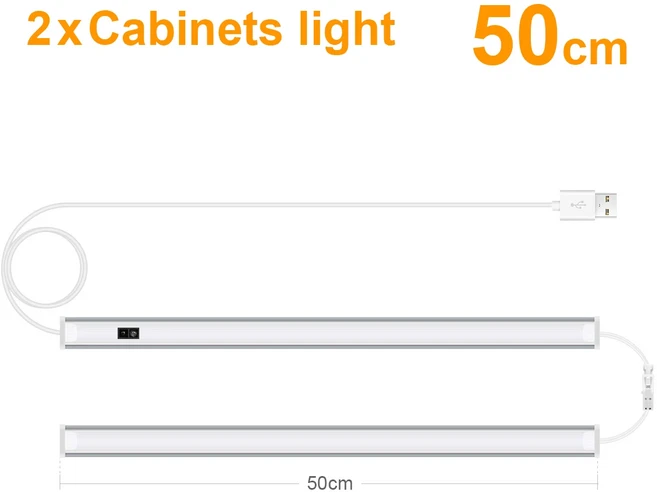 LED 실내 조명 30/40/50 cm USB 플러그 핸드 웨이브 활성화 카운터 싱크대 옷장 책상용 5W/6W/7W 밝은 램프, 2x Light Bar 50CM, Warm White