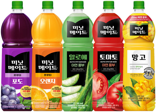 미닛메이드 오렌지 + 토마토 + 포도 + 망고 + 알로에 총 5개 1.5L PET 주스
