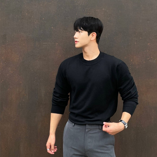 Asure 남자 니트 이너티 라운드넥 머슬핏 긴팔티셔츠