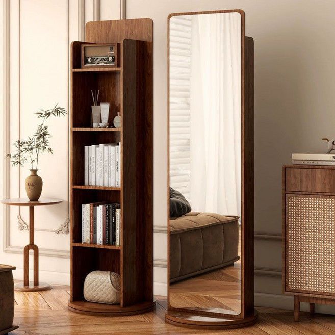 BYOU 원목 전신거울 인테리어 전신거울 360도 양쪽 회전 4단책장, 호두 컬러