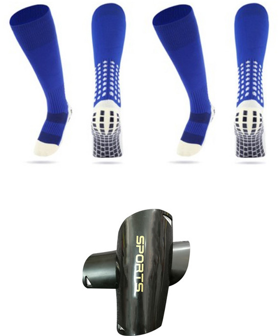 wirkri 아동용 미끄럼 방지 스트립 축구양말 2세트 + 정강이 보호대 WBCSS, 블루, 3개