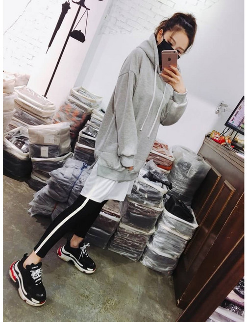 JinG 中性 Oversize 假兩件 落肩帽T 側開岔 長版大學T