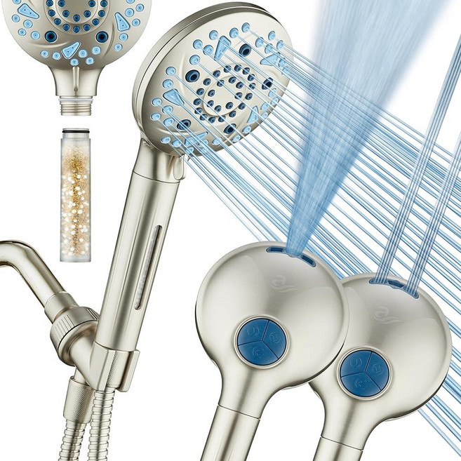 AquaCare 고압 10 모드 필터 핸드헬드 샤워 헤드 내장 파워 워시 - 욕조 타일 및 애완 동물을 청소하고 물에서 염소 금속 독소를 제거하여 피부 모발 손톱을 보호합, Satin Nickel, 1개