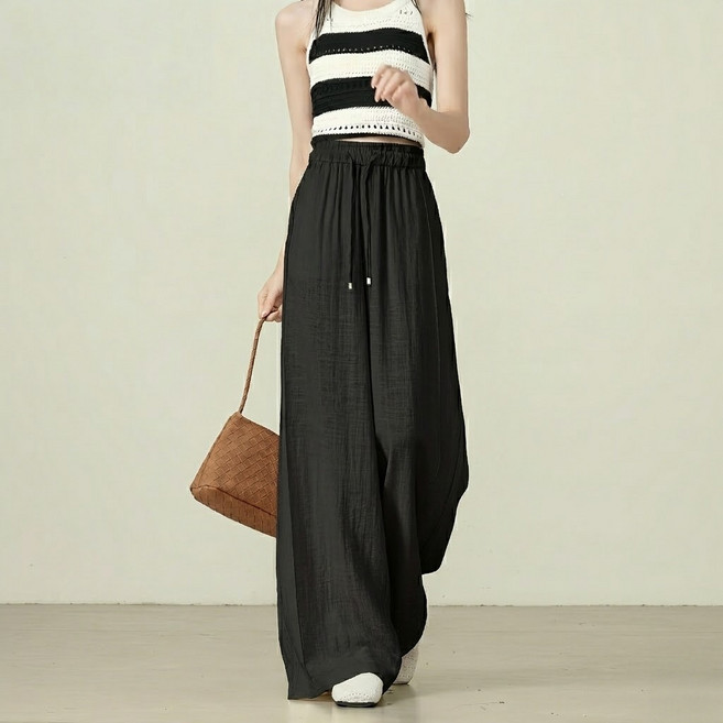 무니유유 소프트 면마 린넨혼방 쿨 시원한 가벼운 와이드 밴딩 롱 팬츠