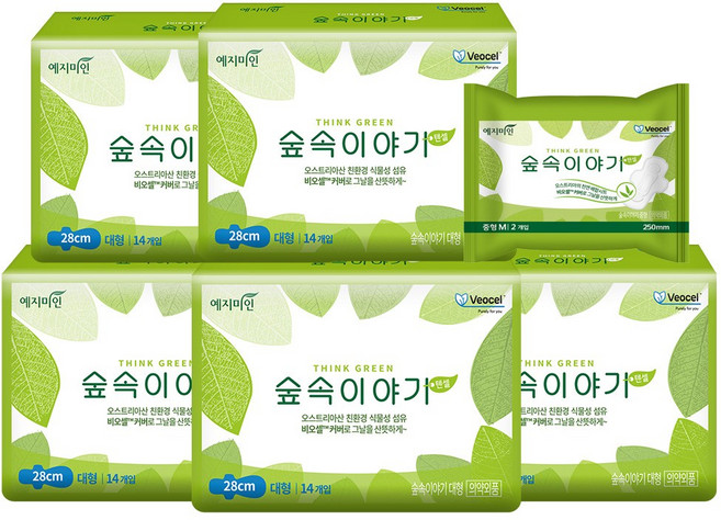 [비건라이프] 예지미인 숲속이야기 비오셀 대형 생리대 날개형 14p x 5팩 + 중형 2p, 1세트