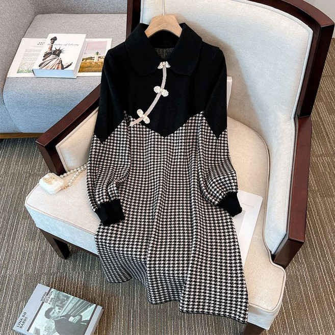 Neirny 중년여성 니트 원피스 가을 겨울 기질 미디 기장 중식 치파오 캐주얼 엄마하객룩 심플 데일리 스판 간절기 스웨터 원피스