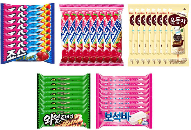 바 아이스크림 5종 상품 세트 구성 (죠스바 / 스크류바 / 옥동자 / 와일드바디 / 보석바), 40개, 75ml