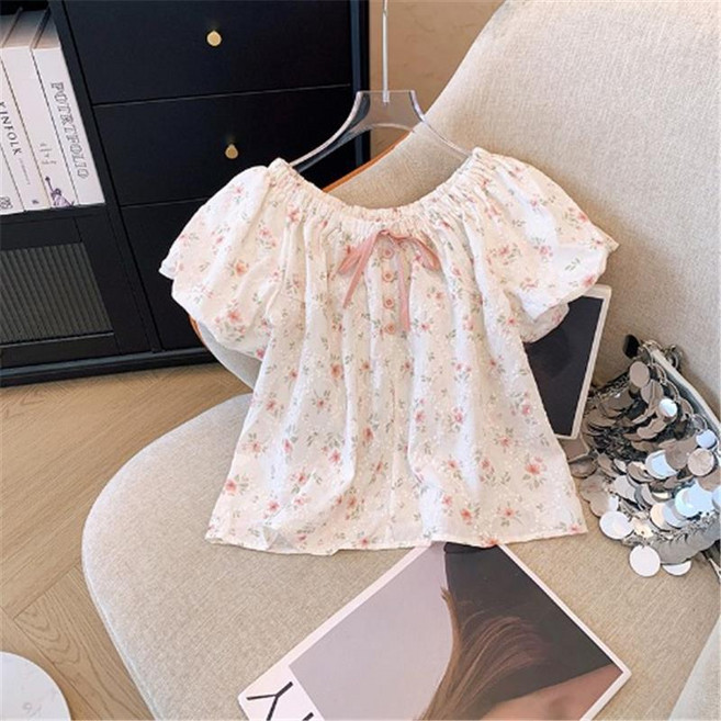 Toruva어린이 여름 꽃무늬 반팔 블라우스 귀여운 밴드넥 V넥 스타일 14세 이상