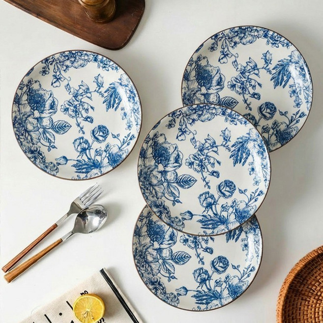 WHH 북유럽 원형 접시 예쁜 도자기그릇 홈 식기 파스타볼 세트, 블루 로즈, 4개