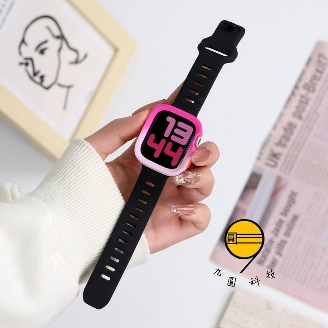 Apple Watch 矽膠錶帶錶殼套裝 適用於 Apple Watch SE 9 8 7 46mm 42mm, 【官方黑】+桃粉漸變殼,46mm（S11/S10）通用, 1個
