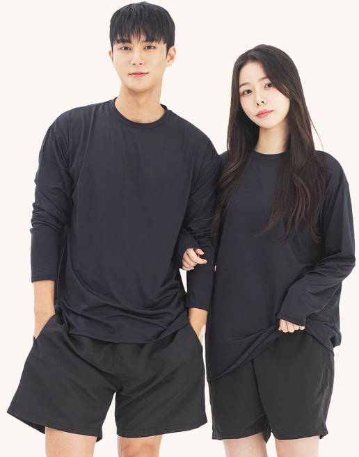 라틱 남자 여자 래쉬가드 상하의 세트 수영복 루즈핏 비치웨어, 블랙
