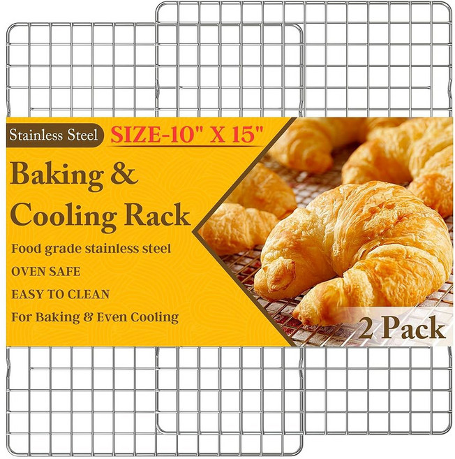 요리 및 베이킹을 위한 2PCS 냉각 랙 - 베이킹 그릴 로스팅을 10인치 X 15인치 헤비 듀티 스테인리스 스틸 와이어 오븐 식기세척기 안전 젤리 롤 시트 팬 실버에 적합, 10 x15 2PC, Black