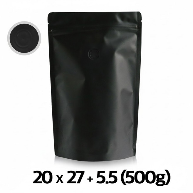 [블레스팩]두꺼운 무광 블랙 지퍼스탠드 500g 50매 커피봉투 아로마밸브형 가능