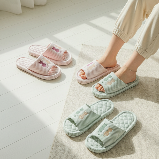귀여운 고양이 파스텔 거실화 손님용 실내화 홈슬리퍼 세트
