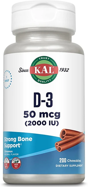 칼 KAL 비타민 D-3 네츄럴 시나몬 무설탕 2000IU 200츄어블, 1개, 1개, 200정 - 쿠팡