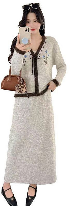 가을 겨울 임산부 상하복 빅사이즈 브이넥 임부 니트 + 스커트 세트 프렌치 임부복 상하 세트 YSQ