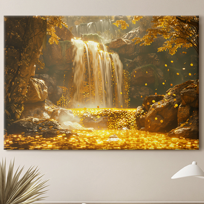 [인메이블] 황금재물 폭포 그림 4종 풍경 풍수지리 인테리어 집 개업 집들이 선물 캔버스액자, 01.황금재물 폭포, [골드]메탈액자, 30호 [90.9x65.1cm]