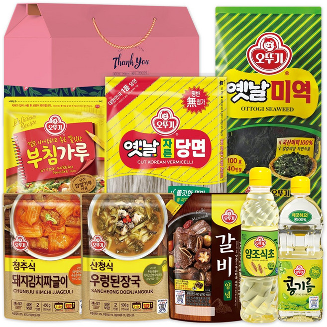 오뚜기 즉석식품 선물세트 17호 분홍상자 (부침가루 + 식초 + 와사비고추장 + 우렁된장국 + 돼지김치짜글이 + 갈비양념 + 당면 + 미역), 1개