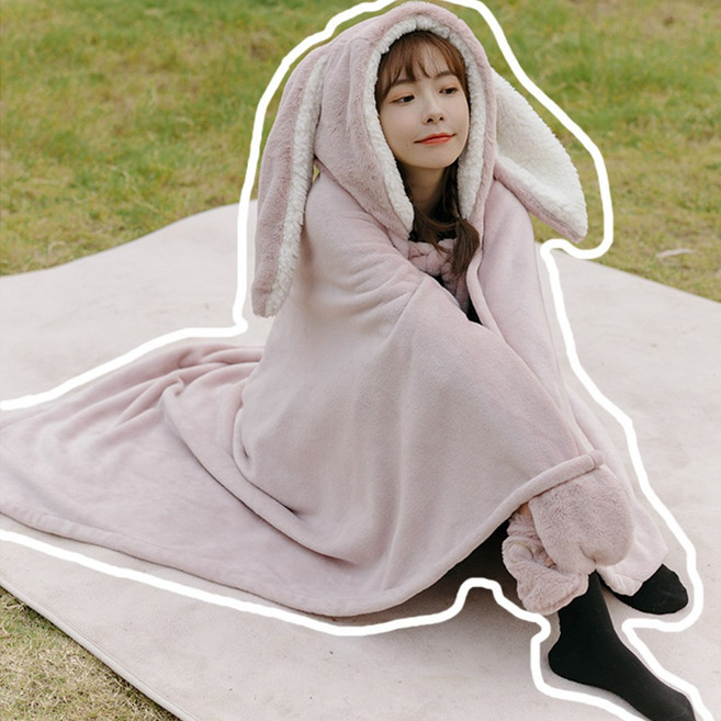 BBEDA 러블리 래빗 입는 롱후드 극세사 캠핑 담요, 라지(키 140cm이상 착용), 1개, 연핑크