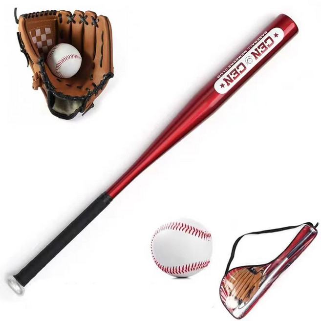 가정용 초경량 알루미늄 야구배트 4종 세트 25-30인치 PVC 소프트볼+방수장갑 포함 성인 안전 훈련용 야구세트 수납백 무료증정, 1개, 빨간색