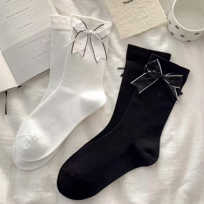 그레이스 여자 리본 패션양말 종아리 삭스 2컬레묶음