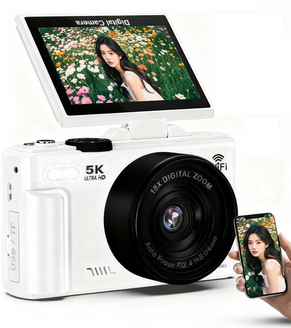 신클퍼 5K 고화질 디지털카메라 180도 로 뒤집다 자동 초점 맞추기 7600W 픽셀 카메라 64GB SD 카드 여행 카메라 wifi 모드, 흰색, 디지털 카메라