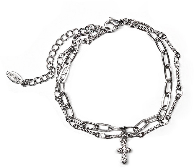 지홍 써지컬스틸 은도금 레이어드 크로스 체인 팔찌 데일리 패션팔찌