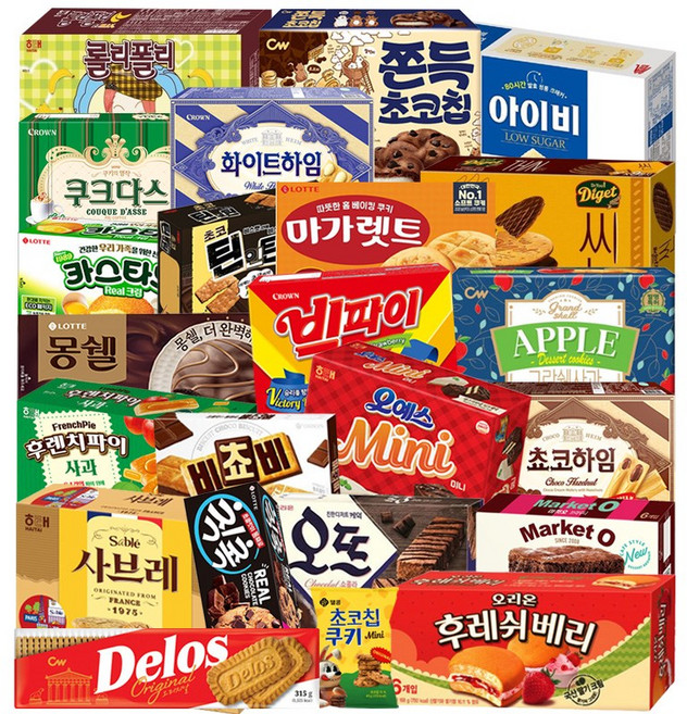칙촉+비쵸비+몽쉘+마가렛트+사브레+오뜨+오예스미니+후레쉬베리+카스타드+후렌치파이+쵸코하임+쿠크다스+빅파이+아이비+델로스 등 탕비실 사무실 대용량 과자 간식세트, 1세트, 23p