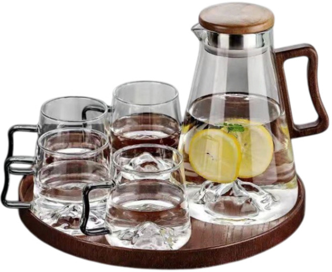 復古家用冷水壺套裝 玻璃扎壺 耐高溫 客廳涼白開水壺, 1個, 單壺+4杯+圓托,煙灰登峰壺