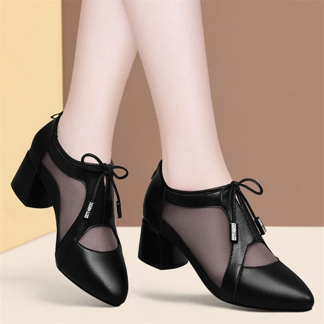 besteffie 통굽힐 여성 봄 여름 하이힐 가죽 시스루 고급스러운 레이스업 구두 미들힐구두 K71