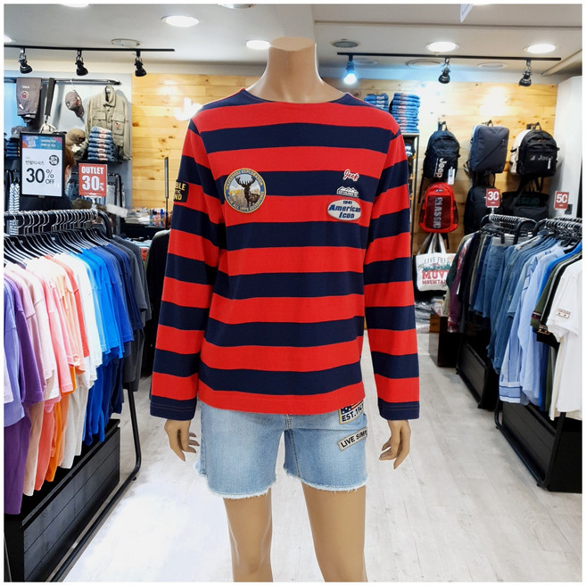 (지프 NC불광점)*단독!! 주말 초특가 파격할인)*트윈룩 커플룩으로 연출하기 좋은 남여공용 와펜장식 스트라이프 보더티!!