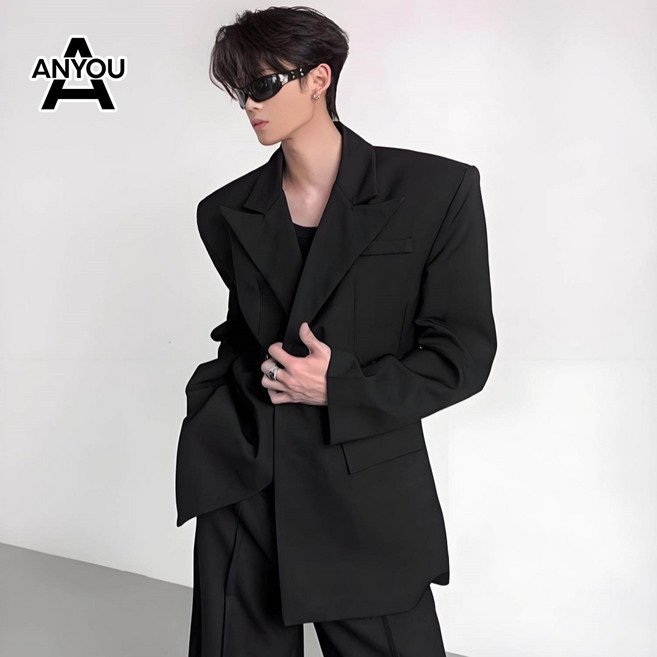 ANYOU 남자 정장 코트 투버튼 자켓 블랙스판 캐주얼 남자 정장 하객룩 캐주얼 수트 경량 스트릿 아우터 데일리 코트