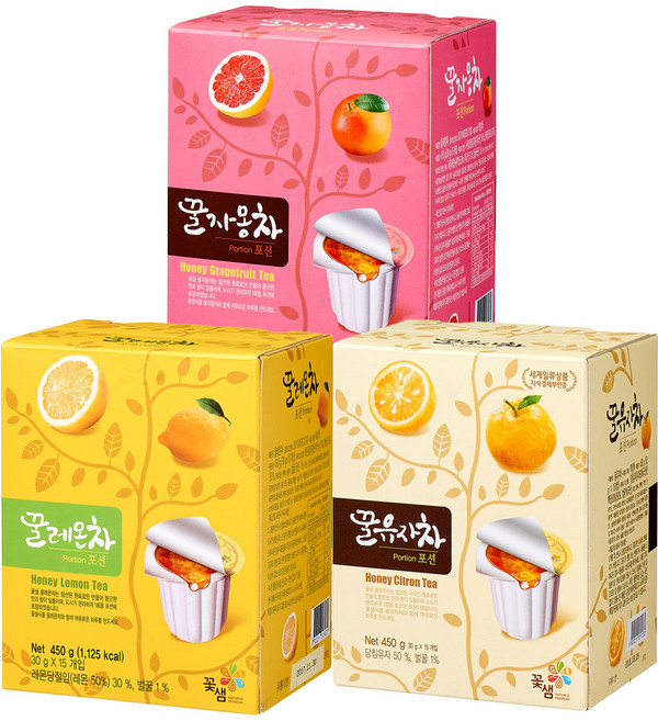 꽃샘 꿀유자차 +꿀레몬 +꿀자몽 포션 (45개입) 액상차, 1세트, 15개입