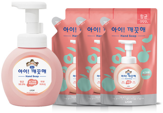 [LION] [CJ ]아이깨끗해 거품형 250ml용기+200mlx3개 (레몬/청포도/순), 1개, 상세 설명 참조