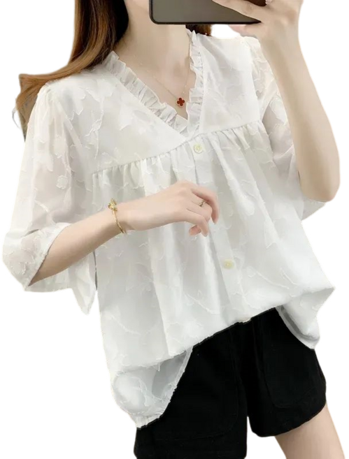 여성용 브이넥 레이스 프릴 블라우스 박시 빅사이즈 반팔 블라우스 뉴타임즈Women's T-shirt