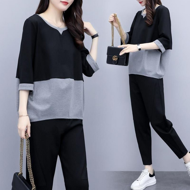 1+1빅사이즈 여성 여름 상하의 2종 세트 145kg까지 착용 가능 반팔 티셔츠 캐주얼 팬츠 XZ5804