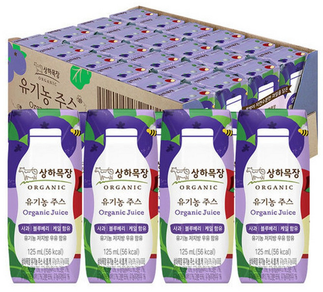 상하목장 유기농 주스 사과블루베리케일, 125ml, 24개