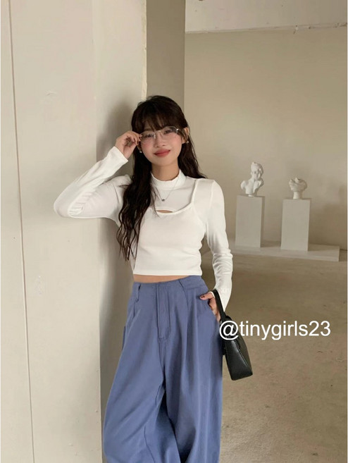 太妮絲 韓系微高領鏤空假兩件長袖上衣，經典多色，時尚女裝穿搭